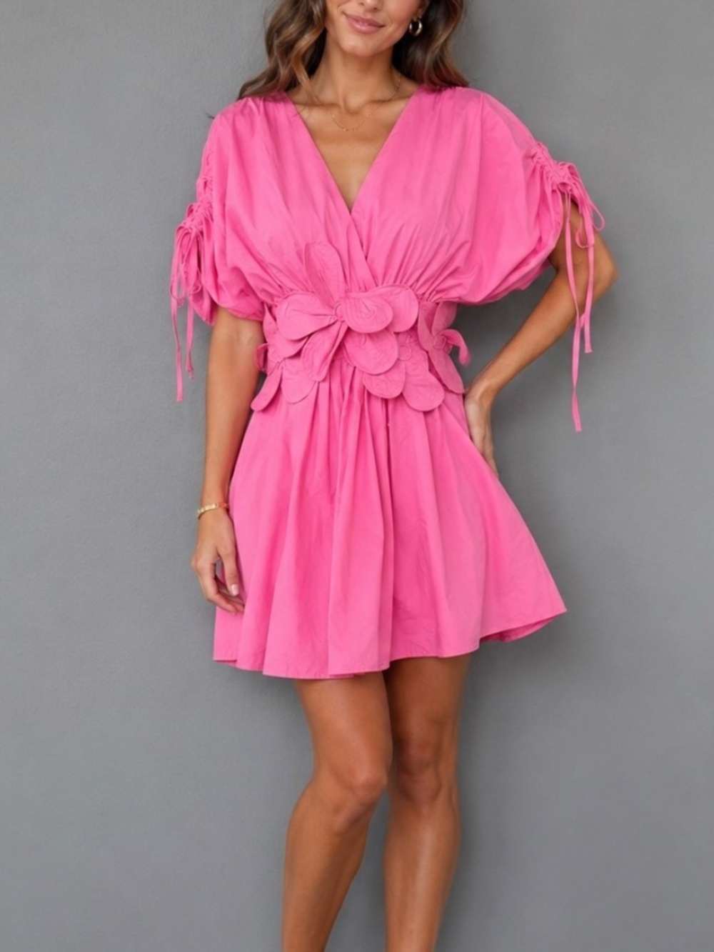 CIEBON NWT Pink 3D Floral Appliqué V-Neck Puff Sleeve Mini Dress Sz XS  Resort